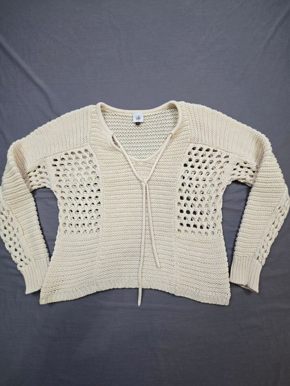 Cabi Small Sweater Beige Knit Long Sleeve Openwork Pullover Top Cotton Boho